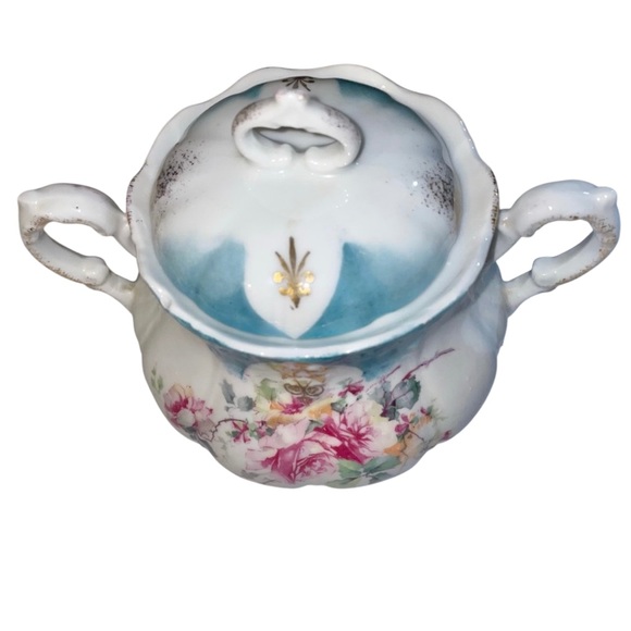 Antique Prussia Porcelain Double Handled Lidded Sugar Dish Pink Florals Elegant - Picture 4 of 9